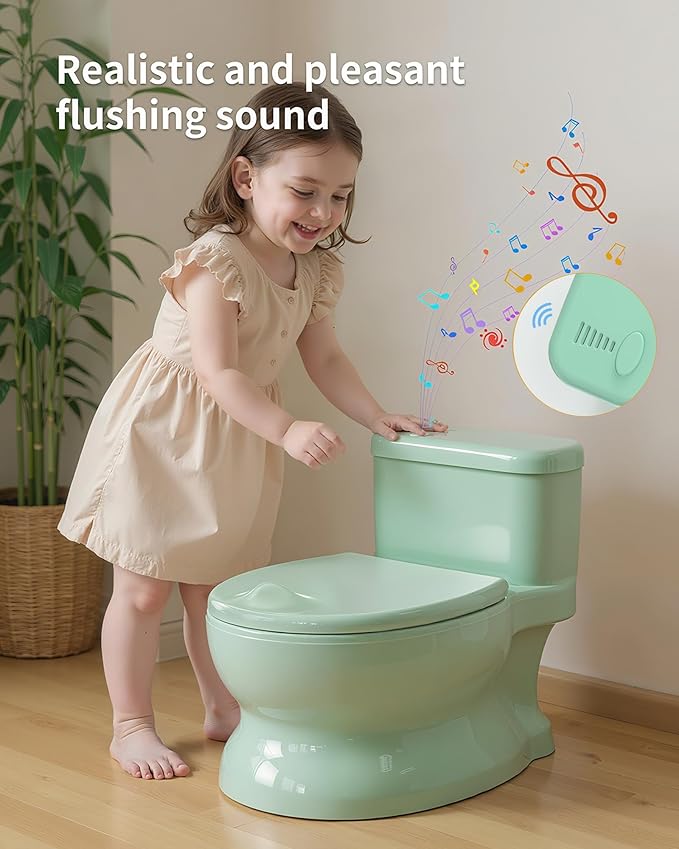 Realistic Potty Training Toilet - Flushing Sounds, Wipes Storage, Disposable Liners, Easy to Clean for Toddler Boys and Girls (Green)