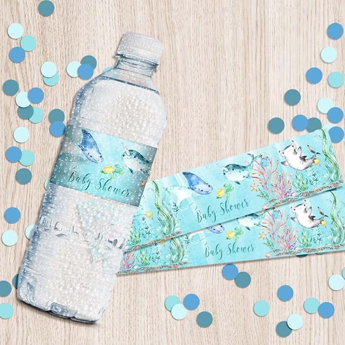 Underwater Cute Sea Life Baby Sprinkle Shower Waterproof Water Bottle Sticker Wrappers 20 Wrap Around Labels Sized 1.75" x 8.5" by AmandaCreation