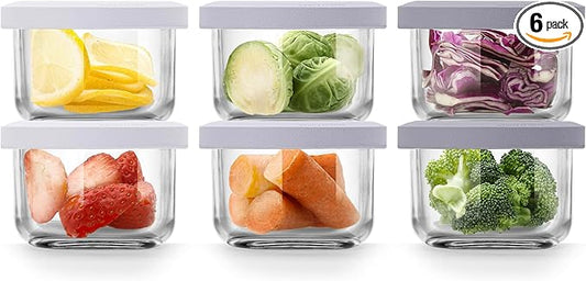 Comotomo Glass Baby Food Storage Containers, 4 oz Jars with Silicone Lids, Airtight Baby Food Prep Cups for Purees, Snacks, Daycare and Small Leftovers, Microwave and Dishwasher Safe, Set of 6