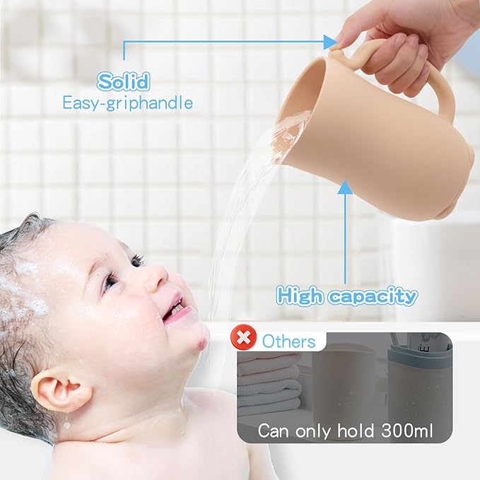 Mandoo Baby Bath Rinse Cup - Food Grade Silicone Shampoo & Body Washing Rinser for Kids with Easy Grip Handle - Baby Essentials (Khaki)