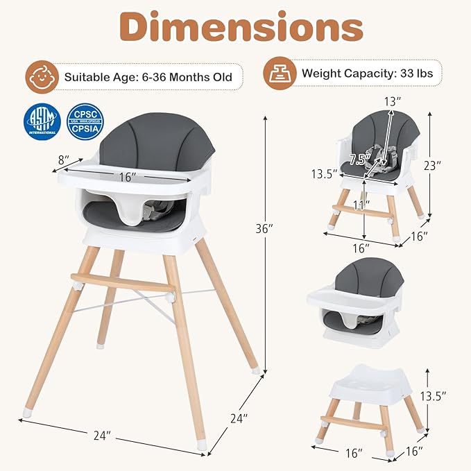 BABY JOY High Chair, Convertible Wooden Highchairs for Babies and Toddlers, Converts to Booster Seat & Stool with Adjustable Legs, Removable Tray, Safety Harness, Waterproof PU Cushion (Gray)