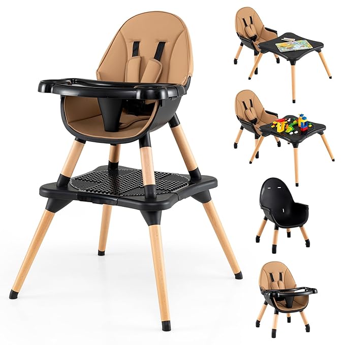 GLACER High Chair, 6-in-1 Convertible Wooden High Chairs for Babies and Toddlers w/Building Block Table, 5-Point Safety Harness, Removable Tray, PU Cushioned Baby High Chair for 6-36 Months (Coffee)