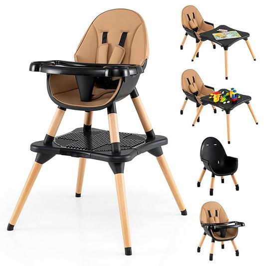 GLACER High Chair, 6-in-1 Convertible Wooden High Chairs for Babies and Toddlers w/Building Block Table, 5-Point Safety Harness, Removable Tray, PU Cushioned Baby High Chair for 6-36 Months (Coffee)
