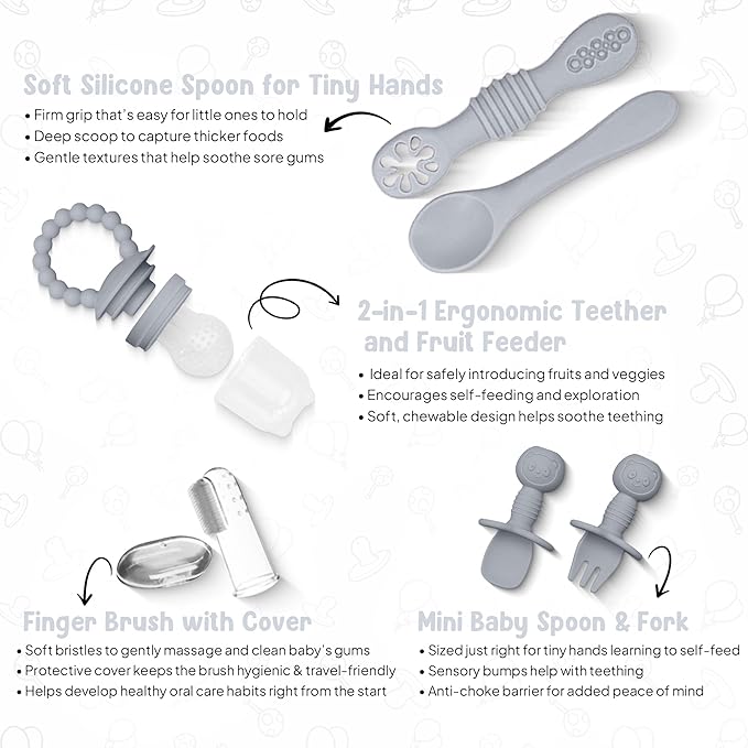 O'doe 11-Piece BPA-Free Silicone Baby Feeding Set | Thick & Soft Suction Plates, Baby Bowls, Wooden Fork & Spoon, and More | Make Mealtime Fun and Easy for Your Little One (Grey, V1)