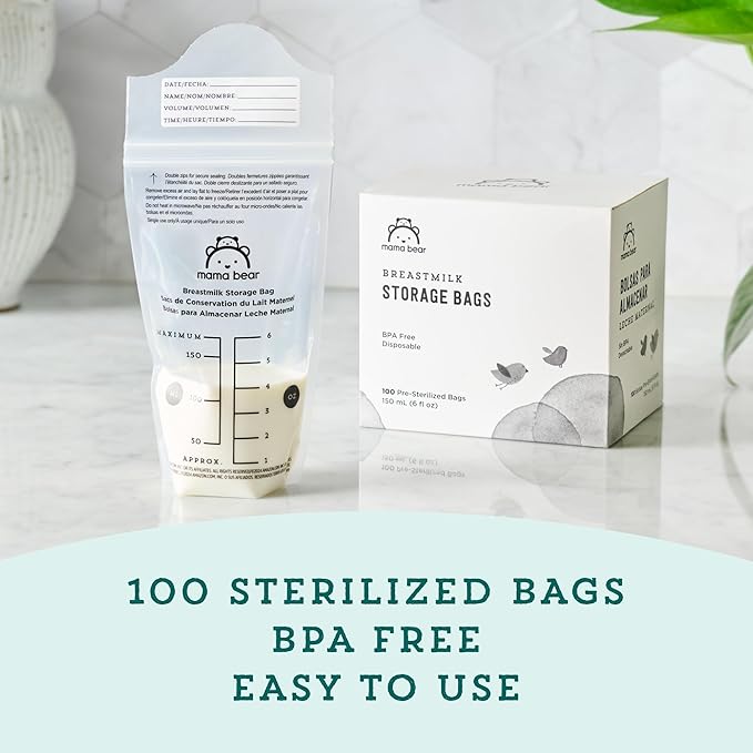 Amazon Brand - Mama Bear Breastmilk Storage Bags, Pre-Sterilized, BPA Free, Double Zips, for Refrigeration and Freezer Storage, 100 Count, 6 fl oz (Pack of 12)