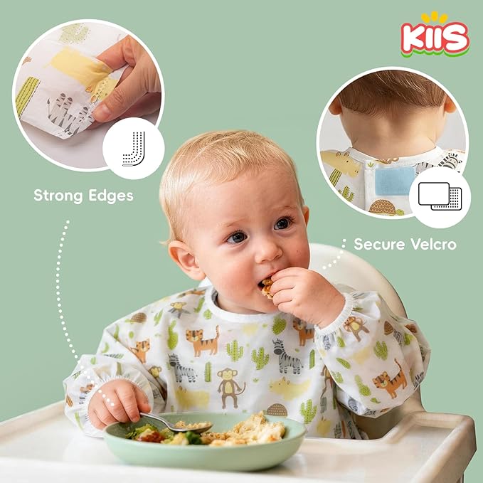 KIIS Disposable Baby Bibs, Waterproof Smock Bibs, Full Coverage for Toddlers & Kids, Mess-Free Feeding for Travel & Daycare