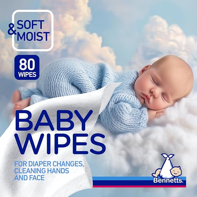 Bennetts Baby Wipes – 80 Wipes (6-Pack) – Purified Water Wipes for Newborns & Infants – Extra-Gentle Cleansing for Face, Hands & Nappy Area