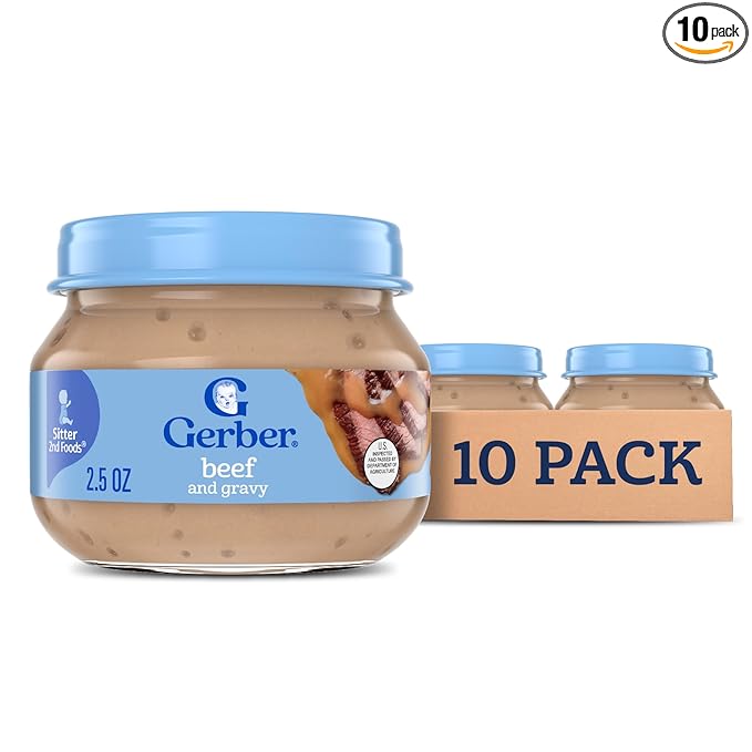 Gerber Stage 2 Baby Food, Beef and Gravy Jar, Baby Food Meat Puree, Baby Mealtime, Baby Puree Jars Glass, 10-Pack