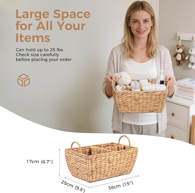 Baby Diaper Caddy Organizer, Handwoven Nursery Basket Changing Table Organizer Natural Water Hyacinth Storage Basket for Nursery Bathroom Kitchen Shelves Office Supplies Organization