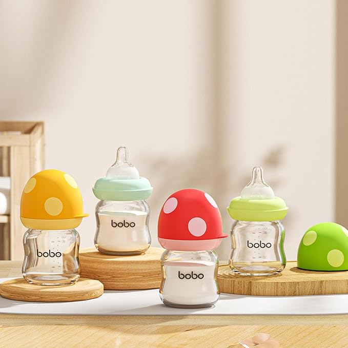 YOHKOH Natural Glass Baby Bottle with Level 1 Slow Flow Nipple, Newborn Anti-Colic Baby Bottles, Wide Neck Mushroom Baby Glass Bottle (Multicolour-A, 3.4oz (Pack of 4))