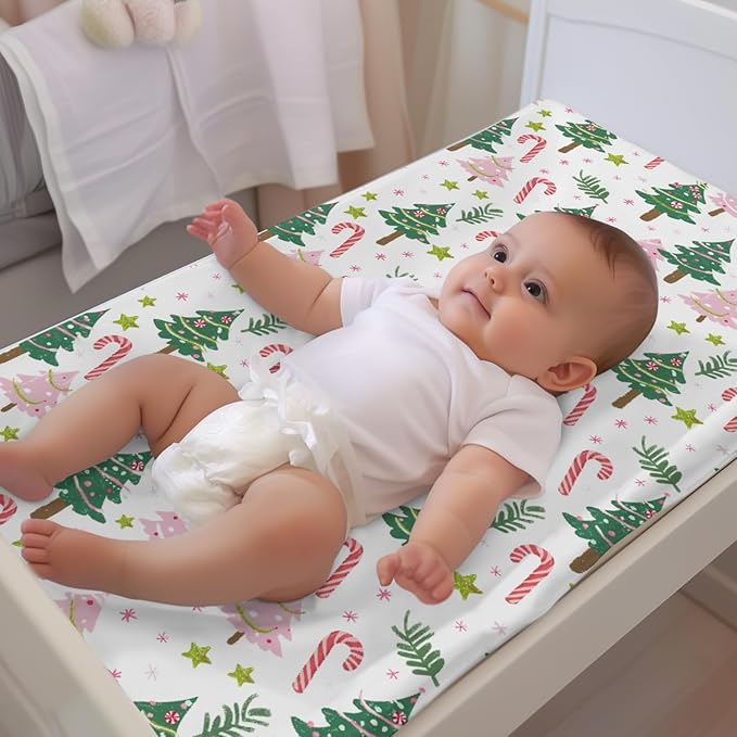 Soft 2 Pack Christmas Tree Winter Holiday Snowflake Leaf Pattern Baby Changing Pad Covers for Infant Newborn, Unisex Christmas Nursery Fitted Diaper Changing Table Pad Mat Sheets for Boys Girls-16x32