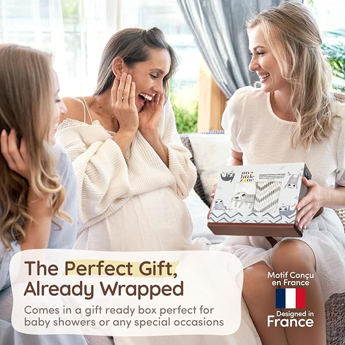 Baby Changing Pad Covers Table Sheet 32" x 16", 8" Deep Pocket - Diaper Changing Pad Cover, 100% Cotton Chevron & Sloth Baby Sheets for Girl & Boy, 2 Pack, Designed in France, White-Grey