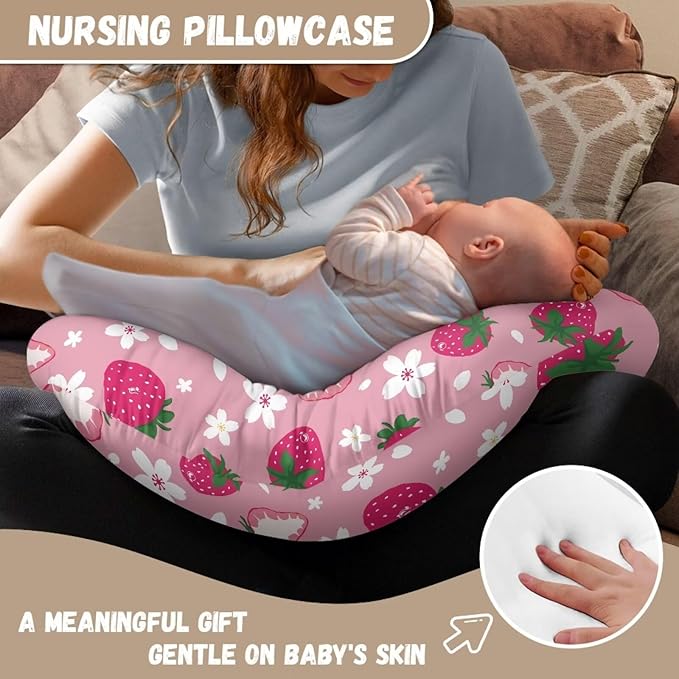 Strawberry Flower Nursing Pillow Cover with Hidden Zipper Washable Soft & Gentle on Baby Skin Breastfeeding and Bottle Feeding Slipcover, Easy to Use & Clean