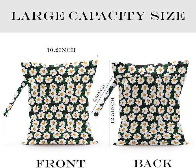 Wet Bag, Wet Dry Bag, Wet Bag for Swimsuit, Travel, Beach, Pool, Diapers, Dirty Yoga Gym Clothes, Toiletries, Makeup Bag, Waterproof Reusable Cute Daisy Floral Flower