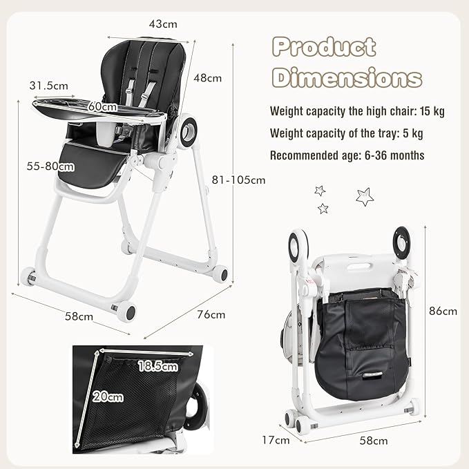 HONEY JOY High Chair with Wheels, Foldable Highchair for Babies & Toddlers, Adjustable Backrest/Footrest/Seat Height, Double Removable Trays, Detachable Seat Cushion for Boys Girls