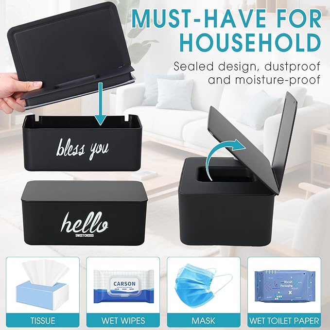 Hushee 2 Pack Wipe Dispenser Wipes Holder for Baby Adult Decorative Wipe Containers for Bathroom Home Office Cars(Black, White)