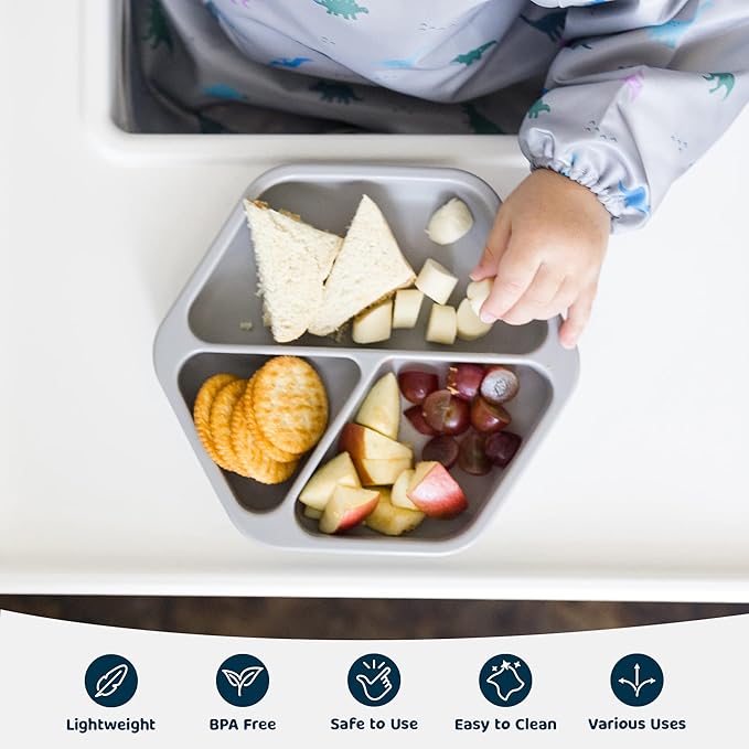 Tiny Twinkle Silicone Suction Baby Plate, Suction Grip Divided Dish for First Foods and Self-Feeding Toddlers, Baby Led Weaning Supplies for Independent Eating (Grey Plate with Lid)