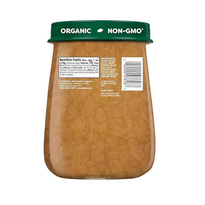 Beech-Nut Organic Baby Food Jars, Organic Banana Pumpkin & Rolled Oats Puree, Stage 3 Baby Food for Babies 8 Months and Up, Non-GMO, 4oz Glass Jars, 10ct