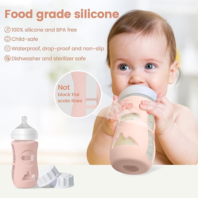 4 Pack Silicone Sleeves for Philips Avent Natural Glass Baby Bottles, Food Grade Silicone Cover and 4pcs Travel Caps, Lids Replacement (4Pink, 8oz)