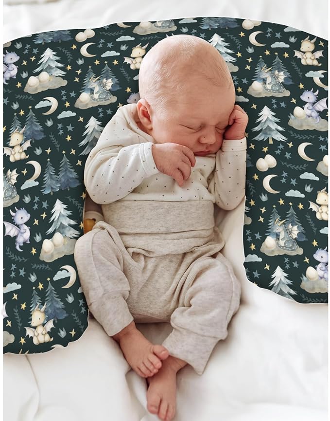 Fairytale Dragons Baby Nursing Pillow Cover for Boy Girl Cute Dragon Moon Stars Clouds Trees Eggs Nursery Pillowcase for Breastfeeding Pillows Fantasy Animal Soft Stretchy Slipcover for Newborn Infant