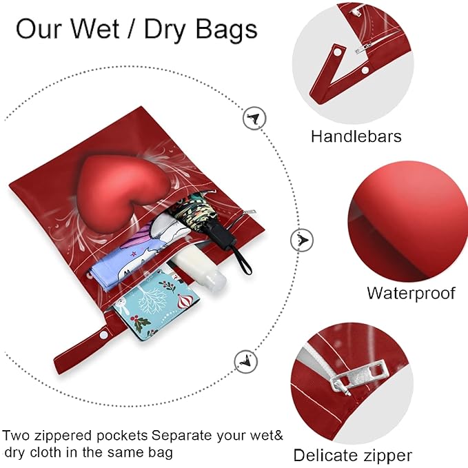 visesunny Love Heart 2Pcs Wet Bag with Zippered Pockets Washable Reusable Roomy Diaper Bag for Travel,Beach,Pool,Daycare,Stroller,Diapers,Dirty Gym Clothes, Wet Swimsuits, Toiletries