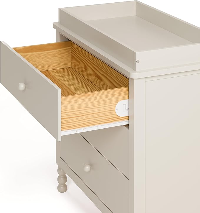 Storkcraft Rio 3 Drawer Chest with Changing Topper (Frosted Oat) – GREENGUARD Gold Certified, Premium Wood Dresser for Baby & Kids Bedroom, Safety Interlocking Drawers, Pre-Installed Tracks