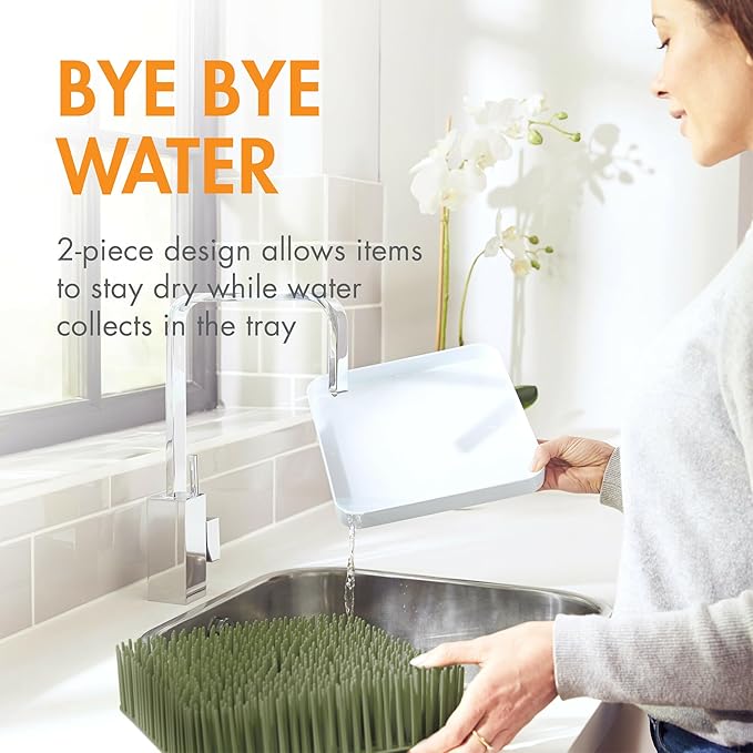 Boon Lawn Countertop Baby Bottle Drying Rack with Antimicrobial Tray - Baby Bottle Rack and Organizer - Baby Feeding Essentials - Sage - 13.5 x 11 x 2.5