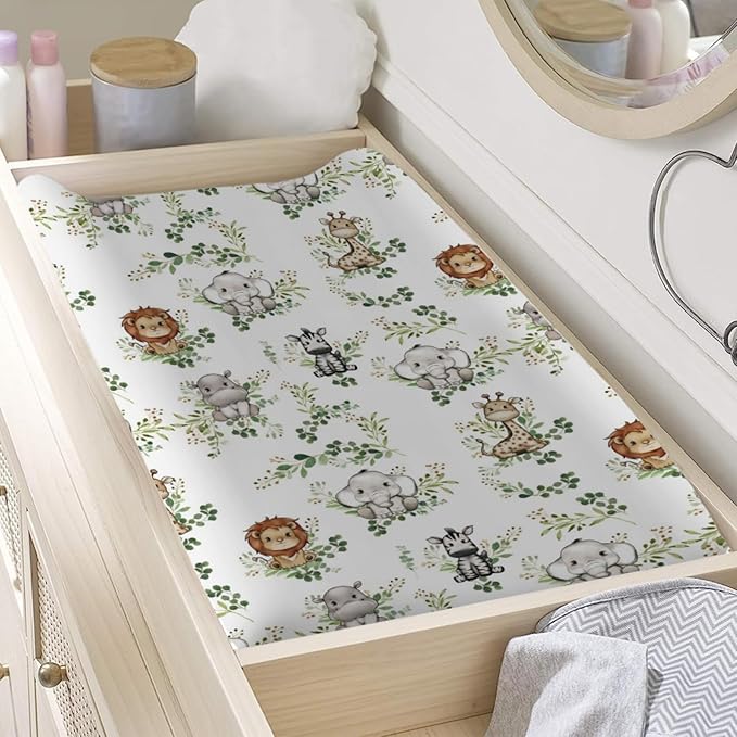 Baby Jungle Safari Animals Green Leaves Changing Pad Covers Elephant Giraffe Zebra Lion Hippo Diaper Change Table Sheets for Girls Boys Soft Stretchy Snug Fitted Changing Mats Cover 32''x16''