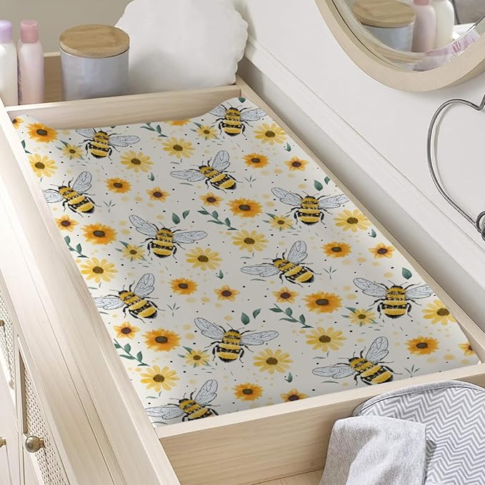 Watercolor Bees Boho Sunflowers Leaves Changing Pad Covers for Baby Toddler, 32''x16'' Bee Pattern Polyester Fitted Changing Pad Sheets
