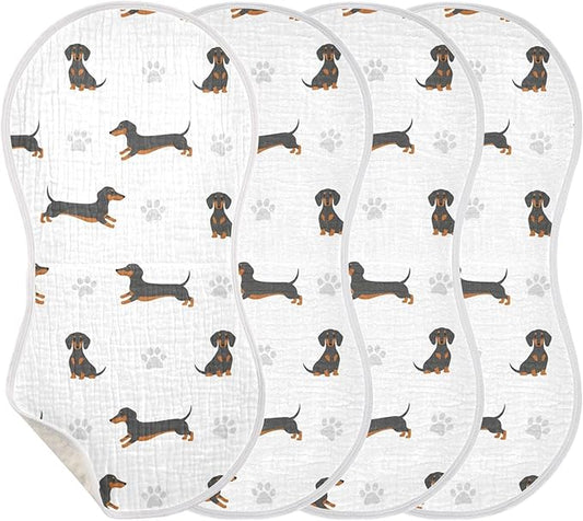 4 Pack Muslin Burp Cloths Dachshund Dogs White Cotton Baby Burp Cloths Extra Absorbent and Soft Spit Up Rags for Baby Boys Girls 22x11 Inch