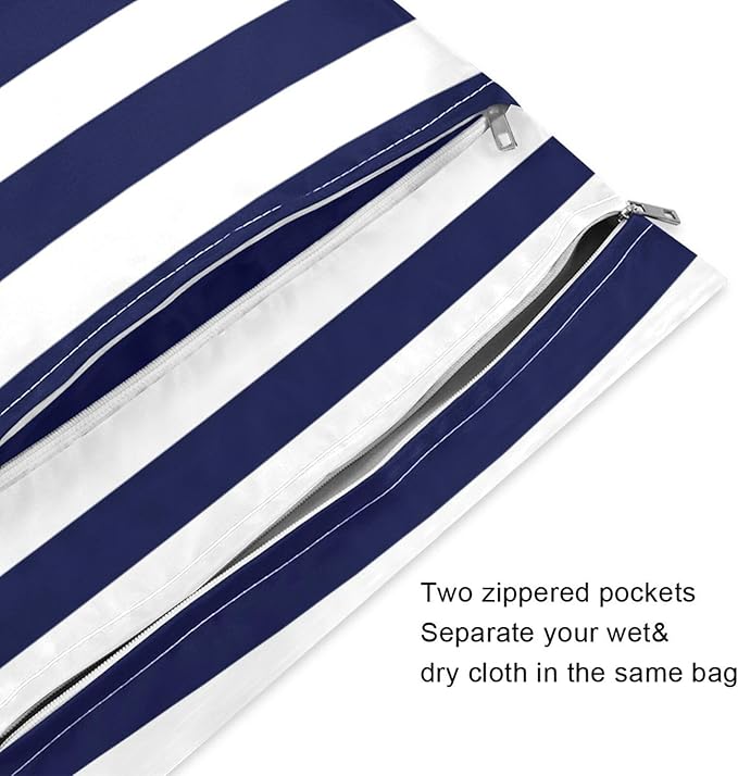 Kigai Navy Blue Stripes Wet Dry Bags 2 Pack, Waterproof Reusable Baby Cloth Diaper Wet Dry Bag with Zipper Pocket for Travel, Beach, Stroller, Gym Dirty Clothes, Wet Swimsuits