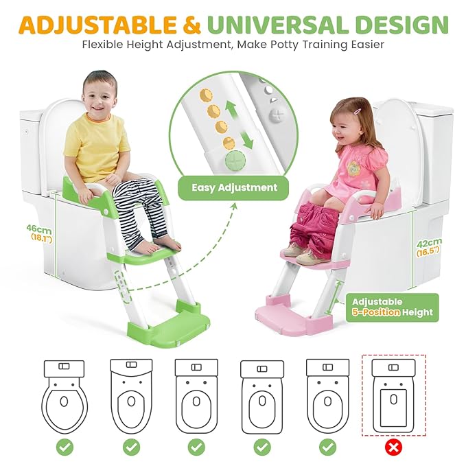 Orzbow Potty Training Seat, Toddler Toilet Seat with Step Stool Ladder, 2-in-1 Toddler Potty Training Toilet Chair for Kids Boys Girls - 5-Level Adjustable Height | Splash Guard | Anti Slip Pad, Green