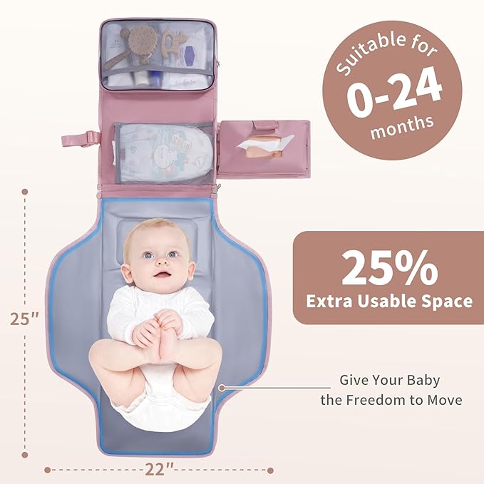 CEICEI Portable Diaper Changing Pad Waterproof Travel Baby Changing Mat with Large Wet/Dry Pocket & Elastic Wipes Pockets, Foldable Compact for On-The-Go Diaper Changer (Pink)