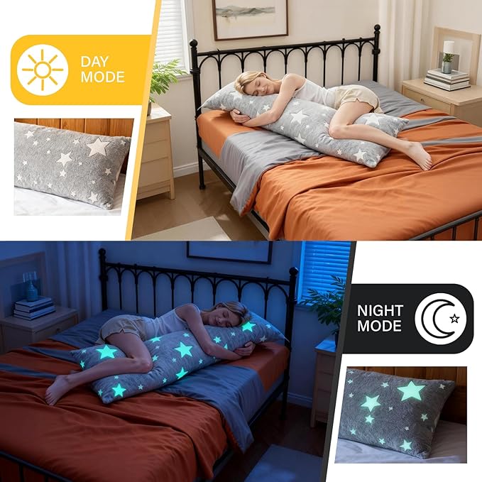 2PCS Glow in The Dark Body Pillow Cover 21x54 Inches Soft Plush Pillowcase Set with Star Pattern Grey Long Pillow Cover with Side Zipper
