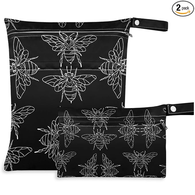 visesunny Black Bee Doodle 2Pcs Wet Bag with Zippered Pockets Washable Reusable Roomy for Travel,Beach,Pool,Daycare,Stroller,Diapers,Dirty Gym Clothes, Wet Swimsuits, Toiletries