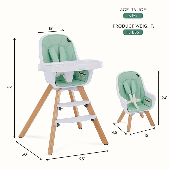 évolur Zoodle 3-in-1 High Chair in Mint | Convertible Wooden Baby Feeding Chair with Dishwasher Safe Removable Tray, Adjustable Footrest, Padded Cushion, 5-Point Harness for Infants & Toddlers