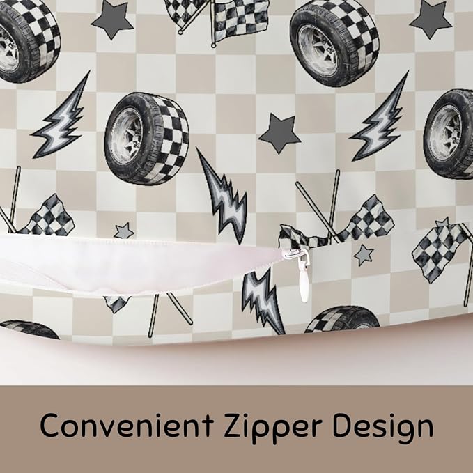 Cute Race Car Flag Black and White Plaid Nursing Pillow Cover Stretchy and Soft for Baby Girls Boys Tire Checkered Stars Vehicles Nursing Cover for Breastfeeding for Newborn Infant