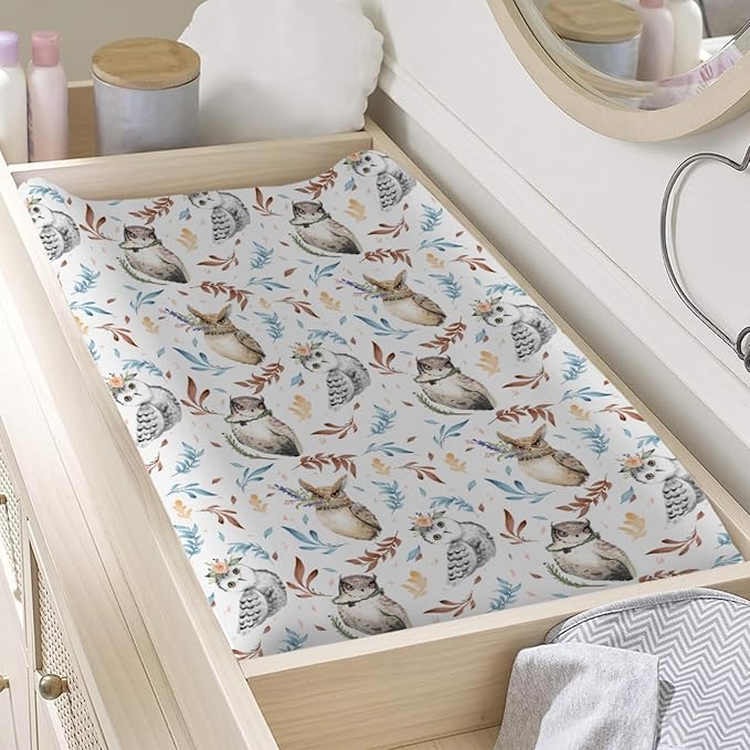 Watercolor Owl Flowers Leaves Changing Pad Covers Owl Bird Boho Floral Diaper Changing Table Sheets for Boys Girls Ultra Soft Breathable Stretchy Snug Fitted Baby Change Table Mats 32''x16''