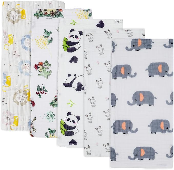 PENG'S M Muslin Burp Cloths 5-Pack 20''x10'' Panda Baby Burping Cloth Set 100% Cotton Washcloths 6 Layers Baby Essentials Super Soft and Absorbent