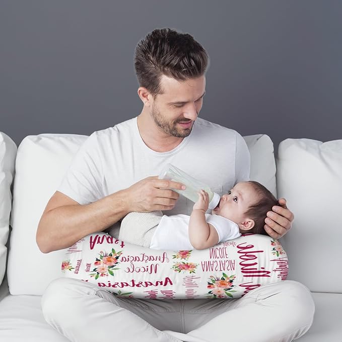 Customizable Flowers Baby Nursing Pillow Cover - Add Your Baby's Name, Ultra-Soft Stretch Fabric, Fits Standard Nursing Pillows, Ideal for Baby Showers Style 10