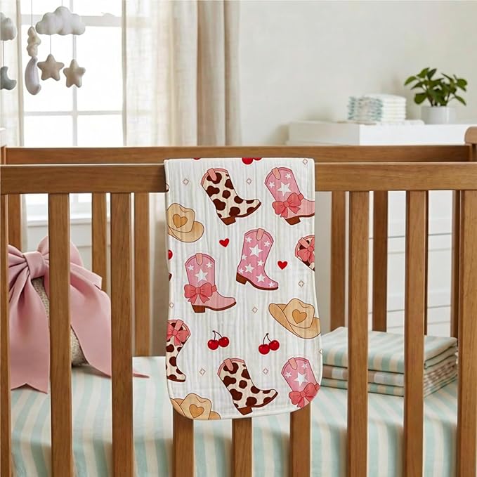 5 Pack Baby Burp Cloths, Soft Cotton Pink Cowgirl & Western Theme Burp Cloths, Super Absorbent Cute Cowboy Boot & Heart Print Washcloths, Newborn Baby Girl Essentials Gift Set