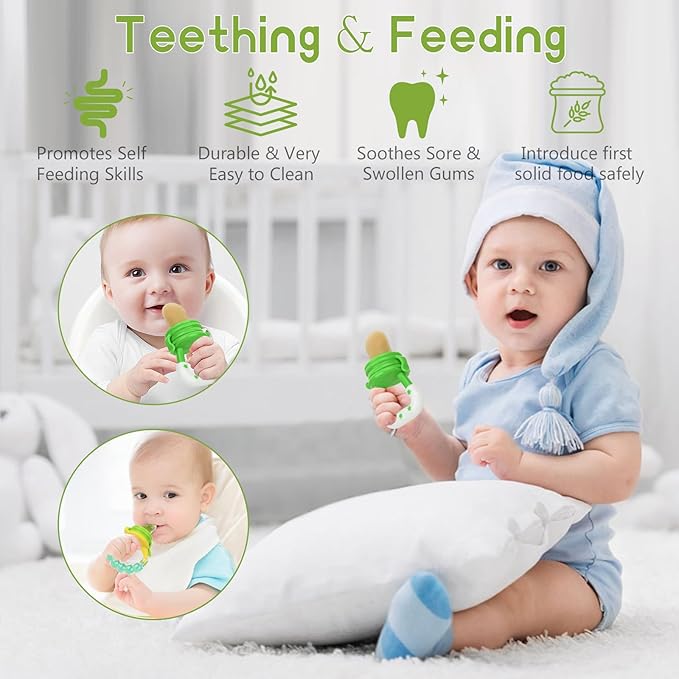 Baby Fruit Feeder Pacifier - 12 Pack | 2 Infant Food Feeder Pacifier & 1 Babies Food Dispensing Spoon | Fresh Fruit Teethers for Babies | Silicone Feeder Baby,Infant Teething Feeders(Green)