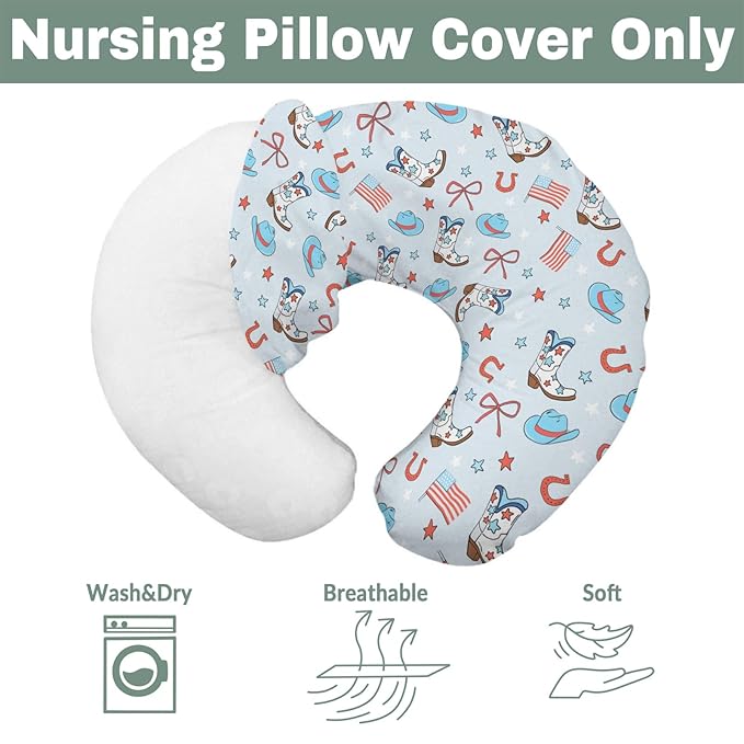 July 4th Western Cowboys Baby Nursing Pillow Covers for Boy Cowboy Boots Hat American Flag Stars Bows Nursing Slipcovers for Breastfeeding Pillows Patriotic Soft Stretchy Cover for Newborn Infant Blue