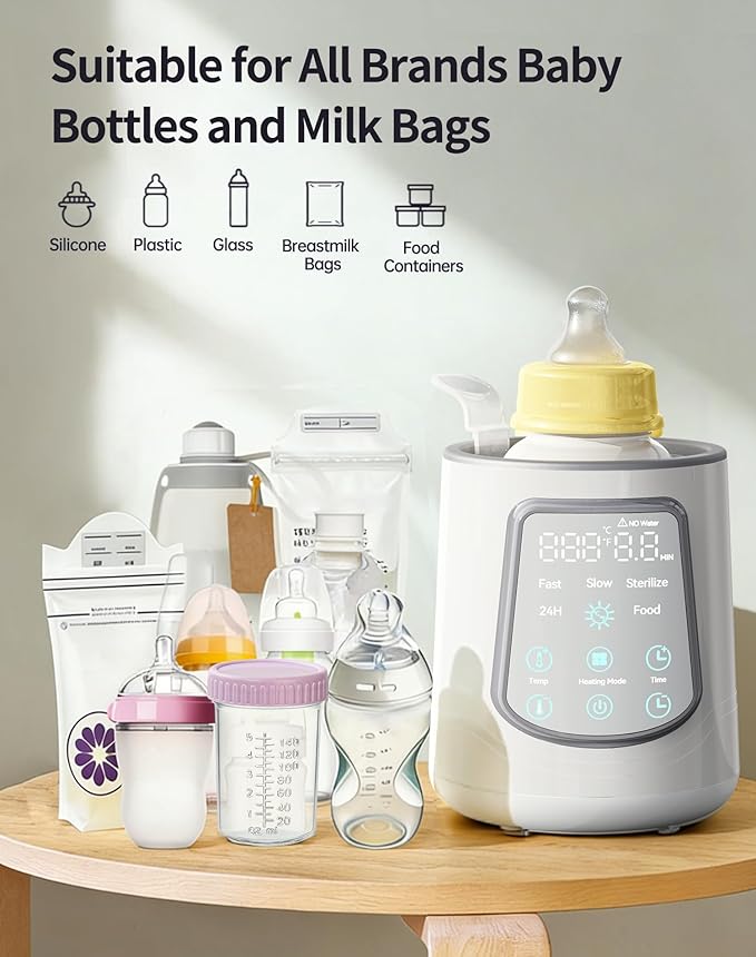 12 in 1 Fast Baby Bottle Warmer with Even Heating No Hot Spots, Night Mode, Sterili-zing,Constant Temp Milk Warmer for Breastmilk & Formula, Fits All Bottles Lt-Gray