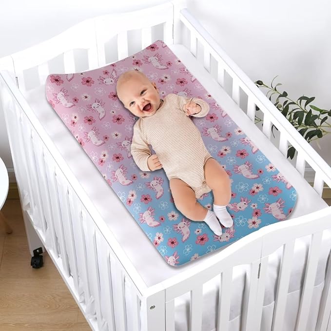 Floral Axolotl Changing Pad Cover, Sunflower Baby Nursery Diaper Changing Pad Sheets for Boys Girls Soft Breathable Stretch Fitted Changing Mat Cover 32''x16''