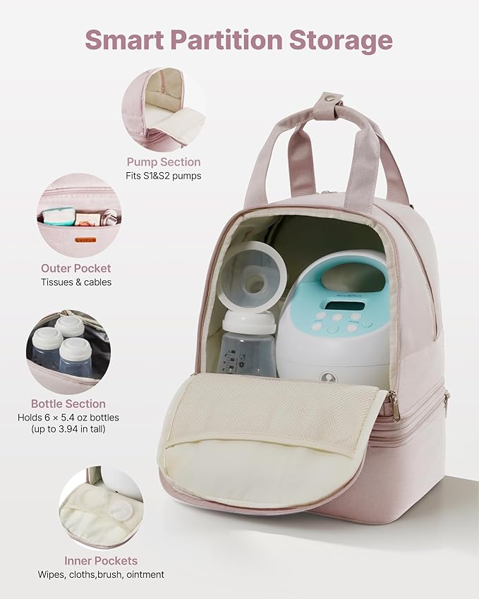 VEVOR Breast Pump Backpack, Breast Feeding Bag with Ice Pack, Compatible with Spectra S1/S2, Portable Pump Carrying Case for Breastmilk Storage, Work, Travel and Family Use, Light Pink