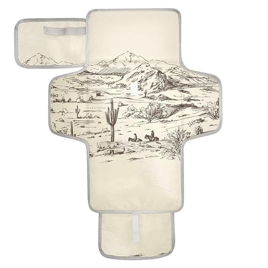 West Desert with Cowboys Portable Diaper Changing Pad - Waterproof Foldable Baby Diaper Changing Pad with Built-in Pillow, Travel Diaper Changing Mat for Newborn Baby