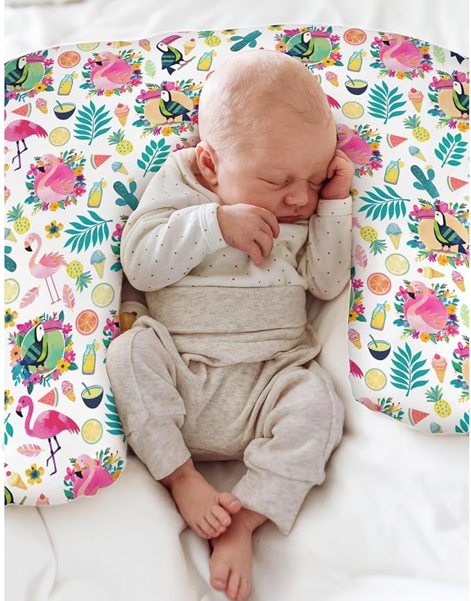 Pink Flamingo Toucan Tropical Fruits Baby Nursing Pillow Covers for Boy Girl Colorful Summer Birds Leaves Nursing Slipcovers for Breastfeeding Pillows Hawaiian Soft Stretchy Cover for Newborn Infant