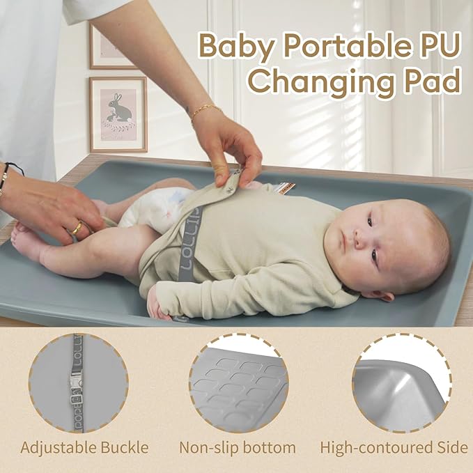 Wipeable Waterproof Baby Changing Pad, Large PU Diaper Pad for Changing Table and Dresser, Easy-Clean with Adjustable Buckle, No-Slip Bottom (Grey)