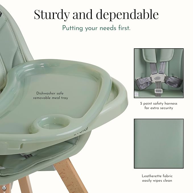 Evolur Zoodle 2-in-1 High Chair for Baby & Toddler – Convertible High Chair to Toddler Chair, Padded Seat, 5-Point Safety Harness, Dual Dishwasher-Safe Trays, Solid Beechwood Legs – Sage Green
